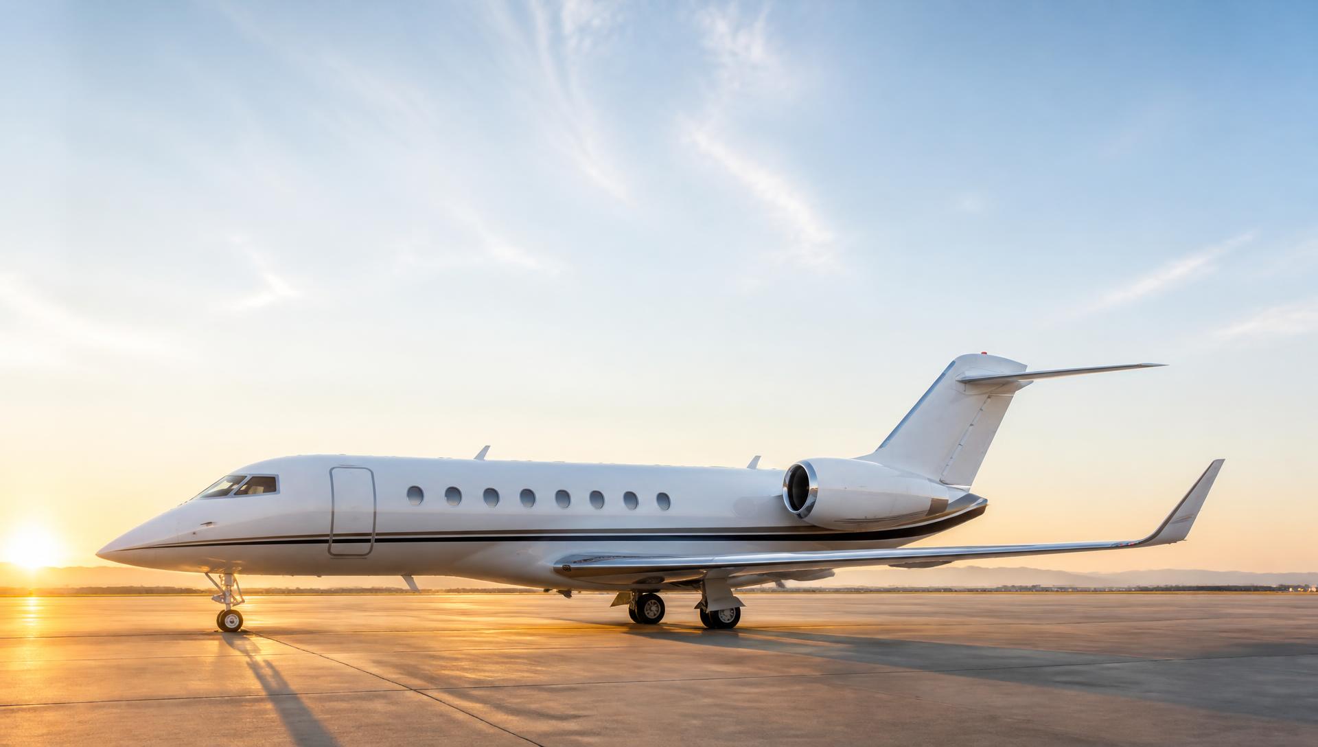 Business jet parked on the ramp at sunrise